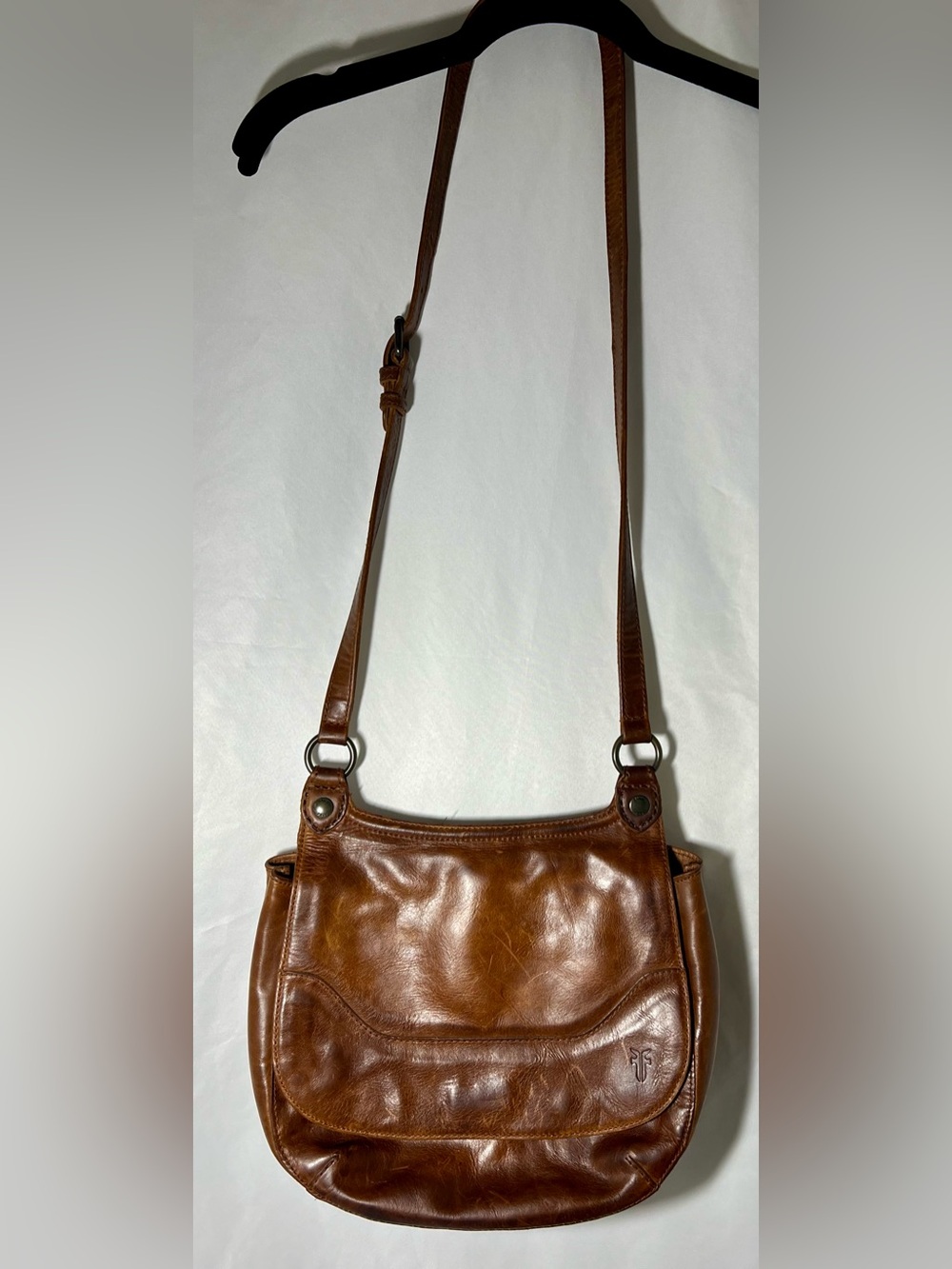 FRYE Melissa Cognac Leather Crossbody Saddle Bag Purse